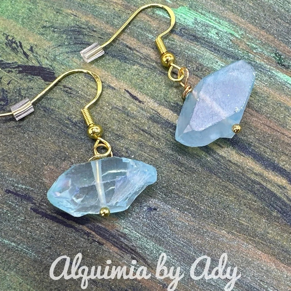 Drusy Light bright Blue raw Quartz nuggets chunky gold dangle earrings - Picture 1 of 4